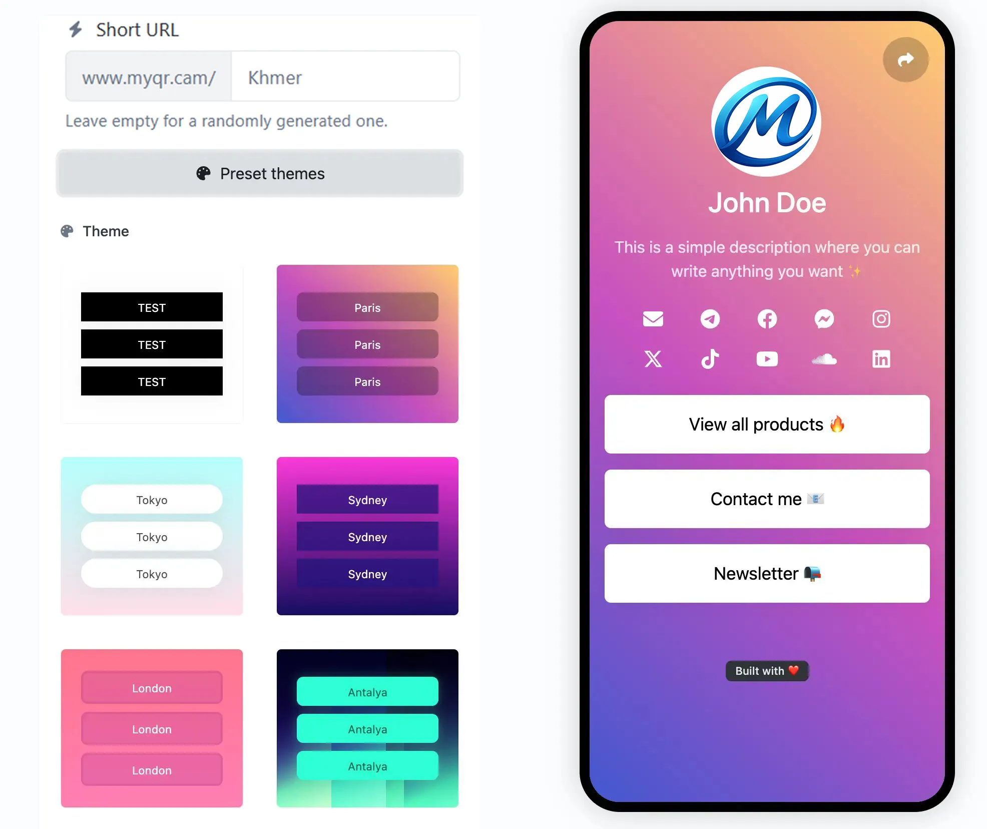 Screenshot of the app biolink editing page
